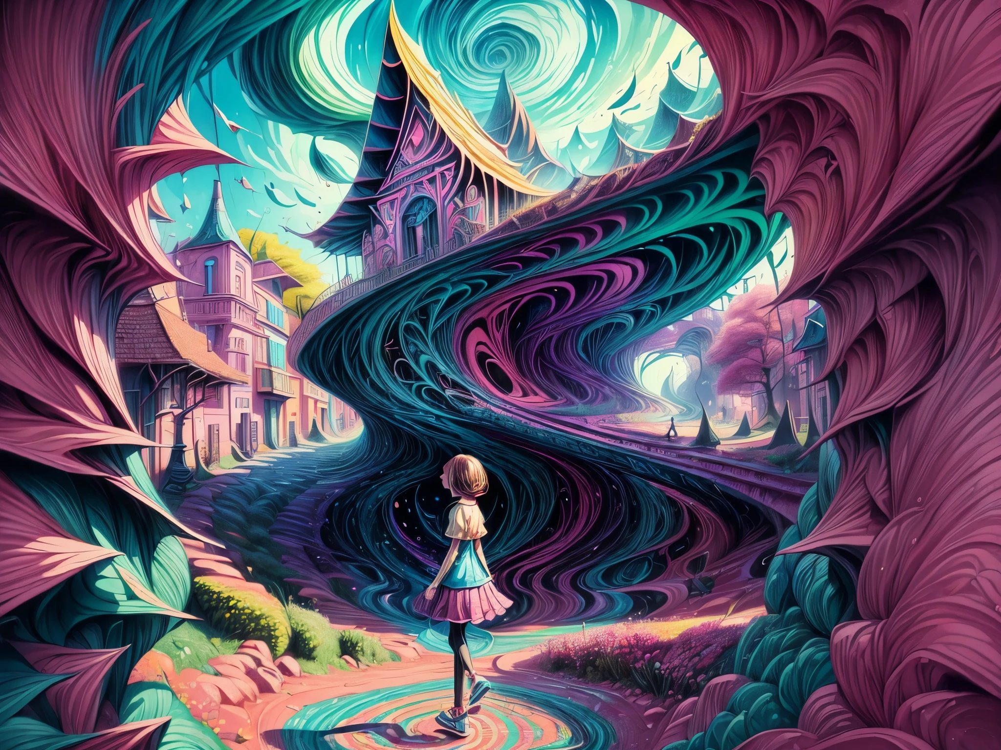 (surrealistic:1.2,colorful,bright colors,high-res,ultra-detailed:1.2) girl walking on the road with optical illusion effect, vibrant surroundings, distorted perspective, dreamlike scenery, surreal atmosphere, vibrant colors, vivid illustrations