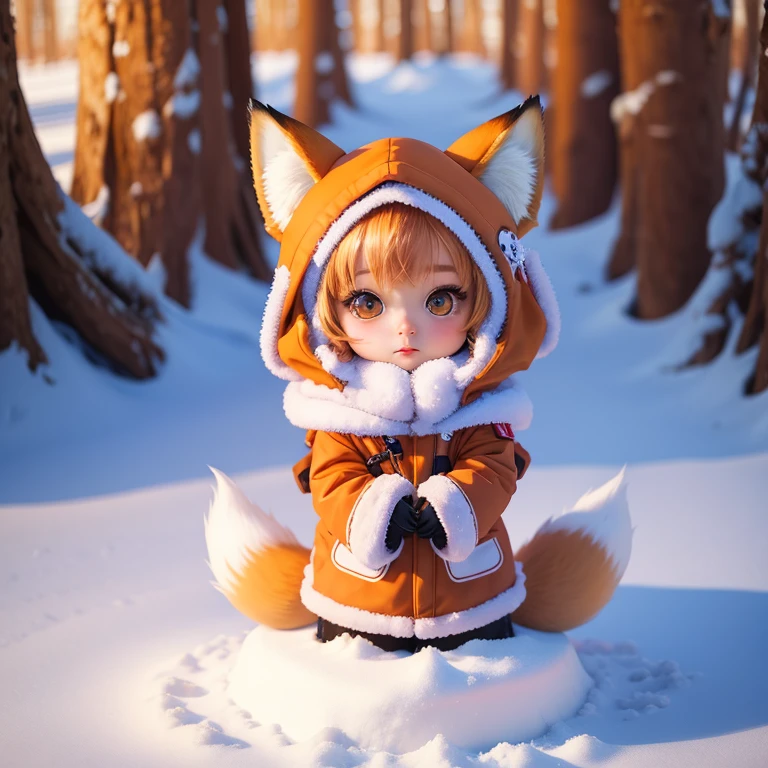 Fox costume fox ears girl chibi character in the snow