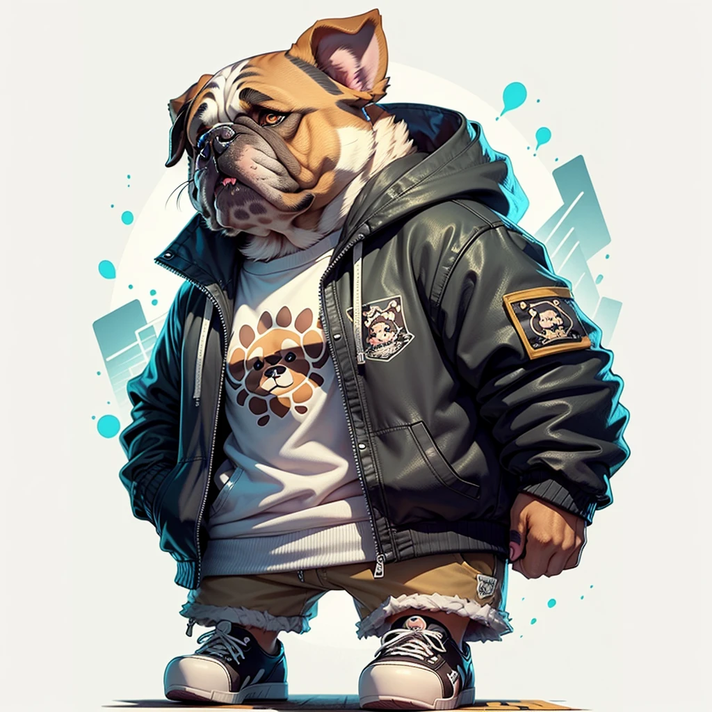 C4tt4stic, Cartoon bulldog dog with jacket and skateboard（The body hair is black、floppy ears、）