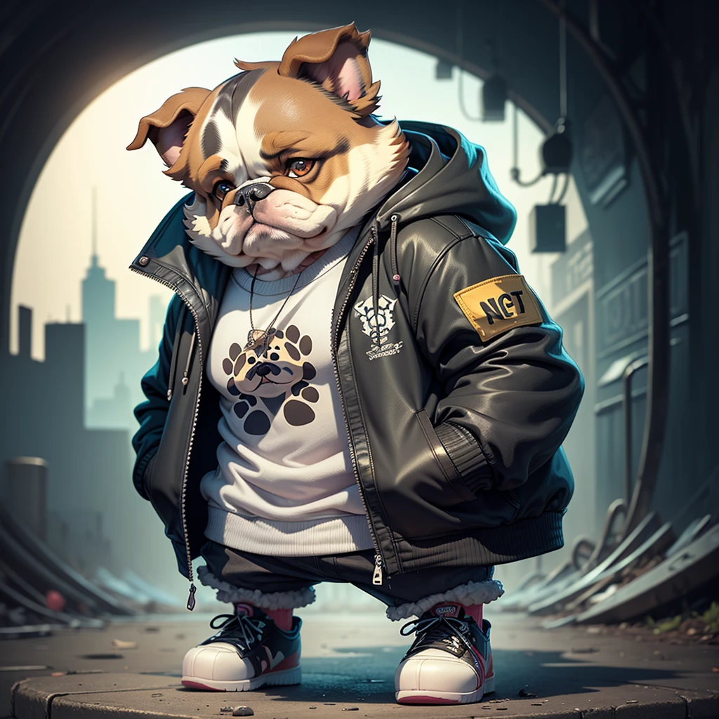 C4tt4stic, Cartoon bulldog dog with jacket and skateboard(The body hair is black、floppy ears、)