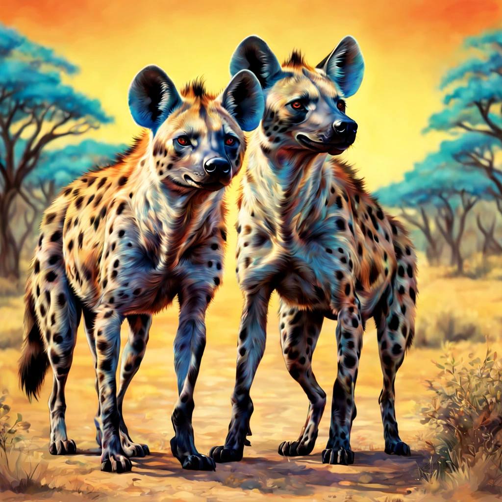 A realistic and detailed hyena couple with beautiful detailed psychedelic colored skin. ande de bicicleta em um planeta desconhecido e misterioso