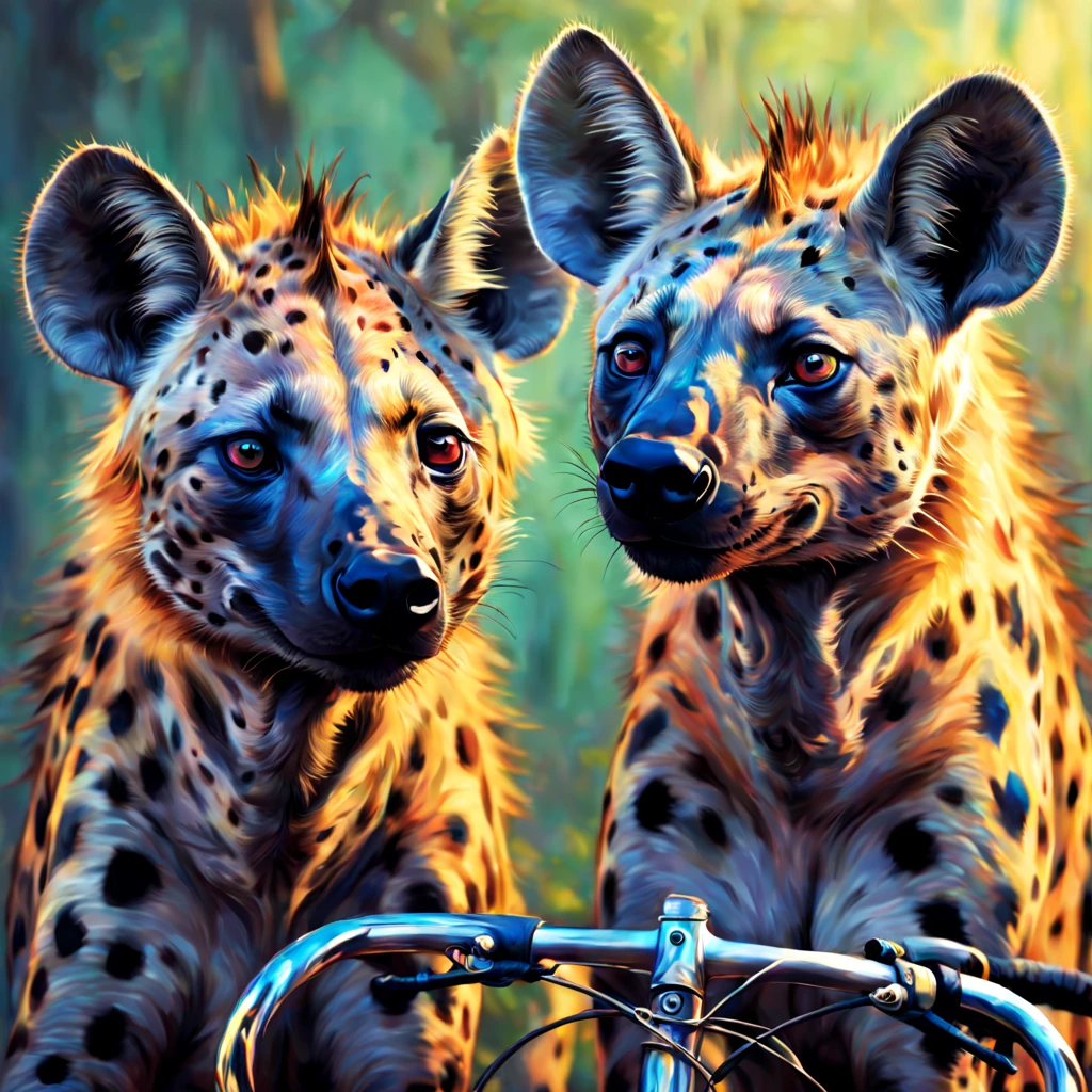 A realistic and detailed hyena couple with beautiful detailed psychedelic colored skin. ande de bicicleta em um planeta desconhecido e misterioso