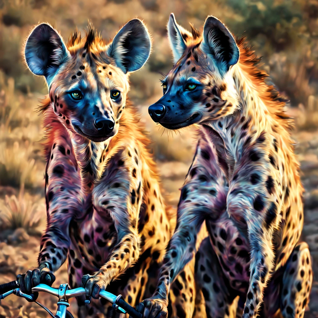 A realistic and detailed hyena couple with beautiful detailed psychedelic colored skin. ande de bicicleta em um planeta desconhecido e misterioso