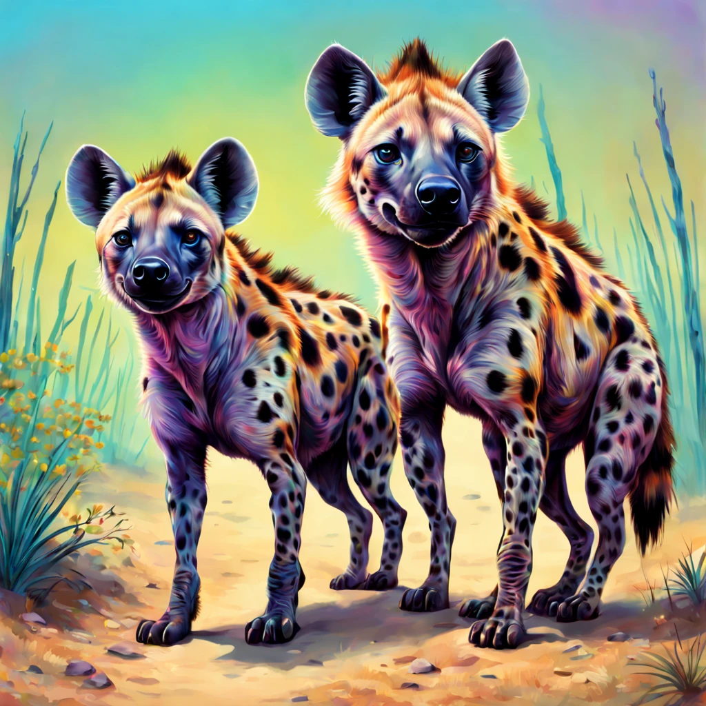 A realistic and detailed hyena couple with beautiful detailed psychedelic colored skin. ande de bicicleta em um planeta desconhecido e misterioso