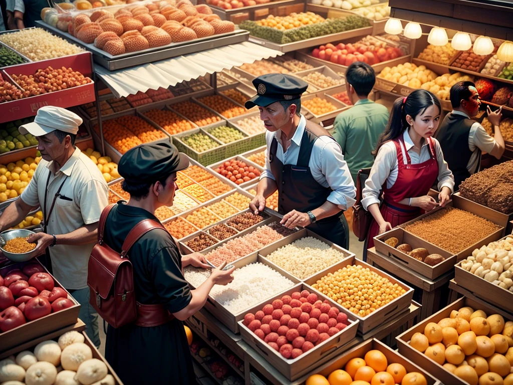 (highres,photorealistic)landscape photo of traditional market in Jakarta, Indonesia,[rack of selling items,abundance of merchandise crowded with various goods,Colorful array of products,sellers arranging their items in an organized manner],buyers passing by in a hurry, people engage in traditional trading, traditional way of exchanging goods, cinematic scene with vibrant energy, immersive photo-realistic representation of the market, 3D render capturing the essence of the bustling market.