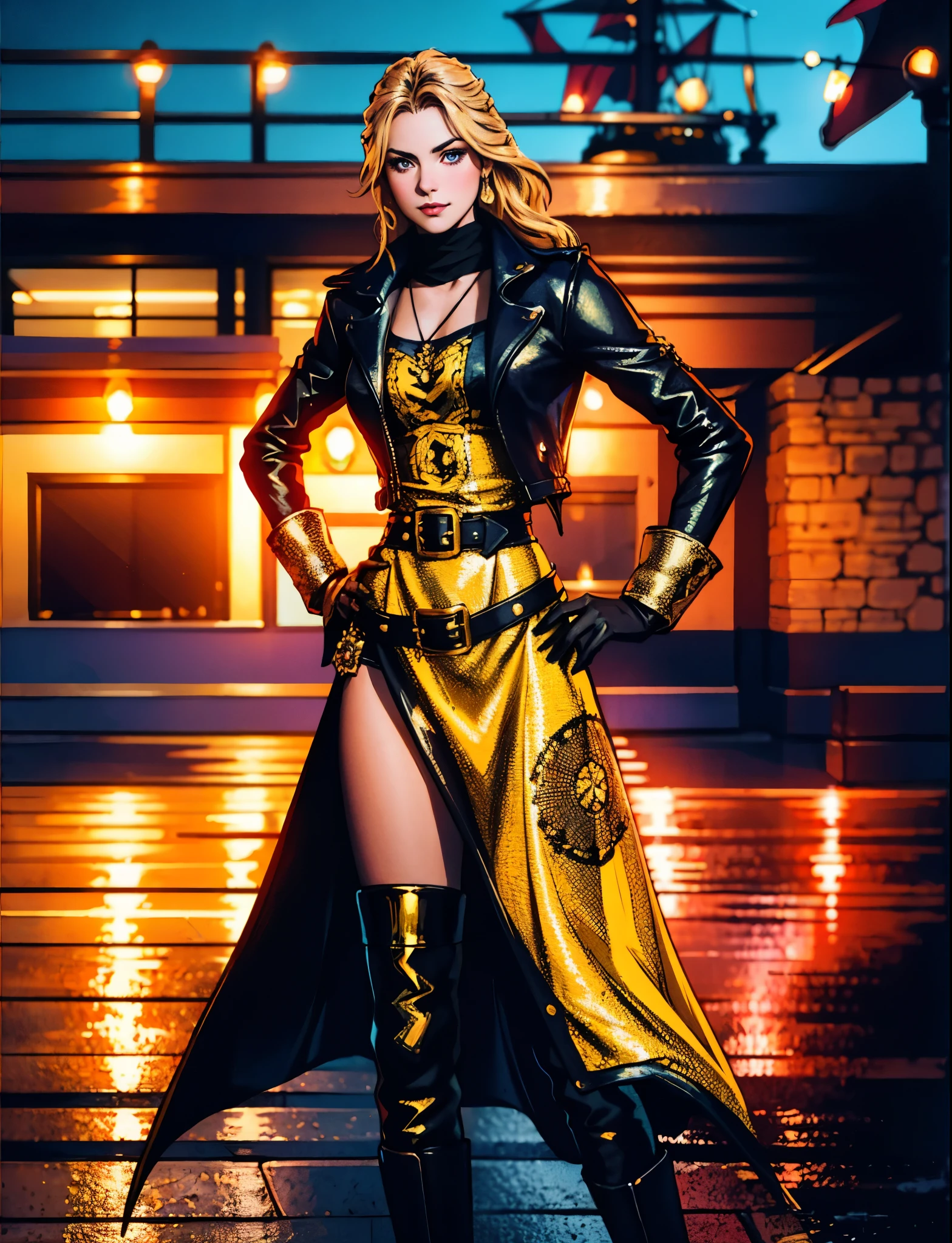 A beautiful woman with flowing orange long hair, exquisite facial features, a playful smile, confident eyes, a tall figure, a two-piece fantasy-style pirate robe coat, yellow as the main color, complemented by red accents, long wrist guard gloves on her hands, a gold belt around her waist with a short hem, leather pants, knee-high boots, standing with her hands on her hips in front of a fantasy medieval-style port tavern, this character embodies a finely crafted fantasy-style female pirate in anime style, exquisite and mature manga art style, high definition, best quality, highres, ultra-detailed, ultra-fine painting, extremely delicate, professional, anatomically correct, symmetrical face, extremely detailed eyes and face, high quality eyes, creativity, RAW photo, UHD, 8k, Natural light, cinematic lighting, masterpiece-anatomy-perfect, masterpiece:1.5