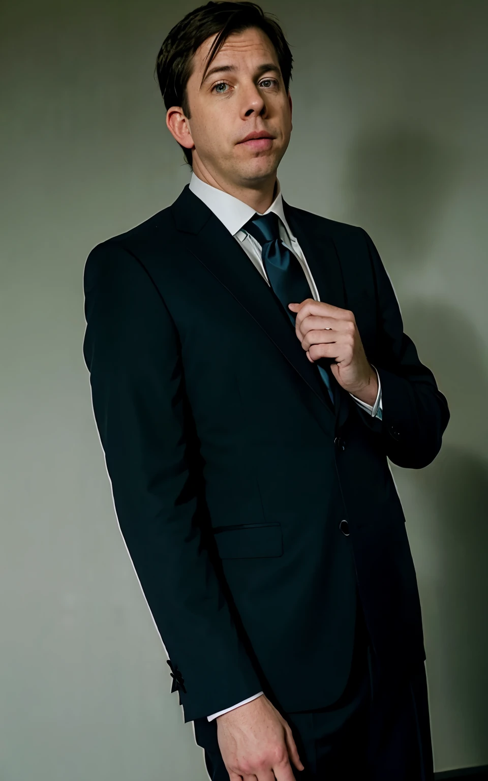 Ed Helms in a suit adjusting his tie in the dark, wearing a suit and a tie, wearing suit and tie, subject detail: wearing a suit, wearing a suit and tie, wearing business suit, wearing a business suit, wearing suit, wearing robes and neckties, suit and tie, wearing a suit, wearing a strict business suit, wearing black business suit