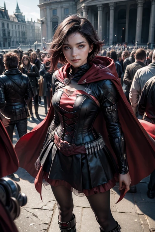 (masterpiece,stunning girlfriend, (standing:1.1), dynamic pose, heart shaped face, elegant face, beautiful face, highly detailed face, highly detailed skin, skin pores, subsurface scattering, realistic pupils, looking at viewer, full face blush, full lips, detailed background, depth of field, atmospheric perspective, volumetric lighting, sharp focus, absurdres, realistic proportions, good anatomy, (realistic, hyperrealistic:1.4), 16k hdr, (masterpiece, best quality), 1girl, ruby_rose, smile, cape, dress, red cape, crescent rose, boots, pantyhose, hood, petals, corset, standing in palace, suits of armor on display, crowds