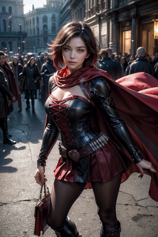 (masterpiece,stunning girlfriend, (standing:1.1), dynamic pose, heart shaped face, elegant face, beautiful face, highly detailed face, highly detailed skin, skin pores, subsurface scattering, realistic pupils, looking at viewer, full face blush, full lips, detailed background, depth of field, atmospheric perspective, volumetric lighting, sharp focus, absurdres, realistic proportions, good anatomy, (realistic, hyperrealistic:1.4), 16k hdr, (masterpiece, best quality), 1girl, ruby_rose, smile, cape, dress, red cape, crescent rose, boots, pantyhose, hood, petals, corset, standing in palace, suits of armor on display, crowds