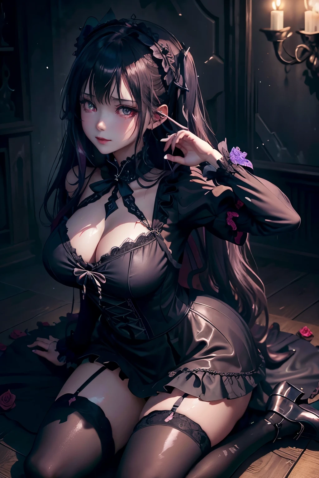 ハードdark gothicメイク、Insanity、deep night sky、horror、black dark eyeshadow、cry、grieve、good skin shine、dark gothicメイク、dark smile、Restless Palace、fragrant beauty、22 years old、lure、expression of intense sexual pleasure、A look of shame、dark gothic、lewd expression、muste piece、best quality、Refers to 5 books、Expression of sexual pleasure in suffering、drunk face、Purple Maid Clothes、mysterious、Noble、A face that is holding back the toilet、Super sexy、loving smile、twin tail hair、jet black ruffle skirt、right blue eye, left eye is red、Gothic bed covered with roses、Super bewitching pose、stick out your butt、platform heel shoes、dark makeup、Moderate chest size、black lipstick、Stained glass、black metal world、open your legs sloppily、make the world beautiful、sit on a bed of roses、gothic ****ta clothes、comb your hair、A little slender、silver hair、long hair straight hair、cute gothic ****ta dress、beautiful face、face of elegance、bewitching face、knee high socks、Stained glassが背景、My chest is shiny from a lot of sweat、the room is dark、slender、appropriate chest size、Goth  Long Dress、bell sleeve、wizard sleeve、decadent look、sexually excited look、Raking hair、Ritual、gothic ritual、Glossy thighs wet with water、Thighs wet and shiny with oil、unusual mysterious expression、Background of a room filled with roses、dumbfounded expression、Rozen Maiden、body is wet and shiny、Lots of glitter on the thighs、i am sweating a lot、A lot of sweat and stickiness on the thighs、Sweat glistening on your thighs、My whole body is shiny with sweat、pretty sweaty、My thighs are sweaty、my thighs are so wet、My thighs are shiny from a lot of sweat、embroidery is pink、clothes embroidery pink、thigh high socks、angle from below、