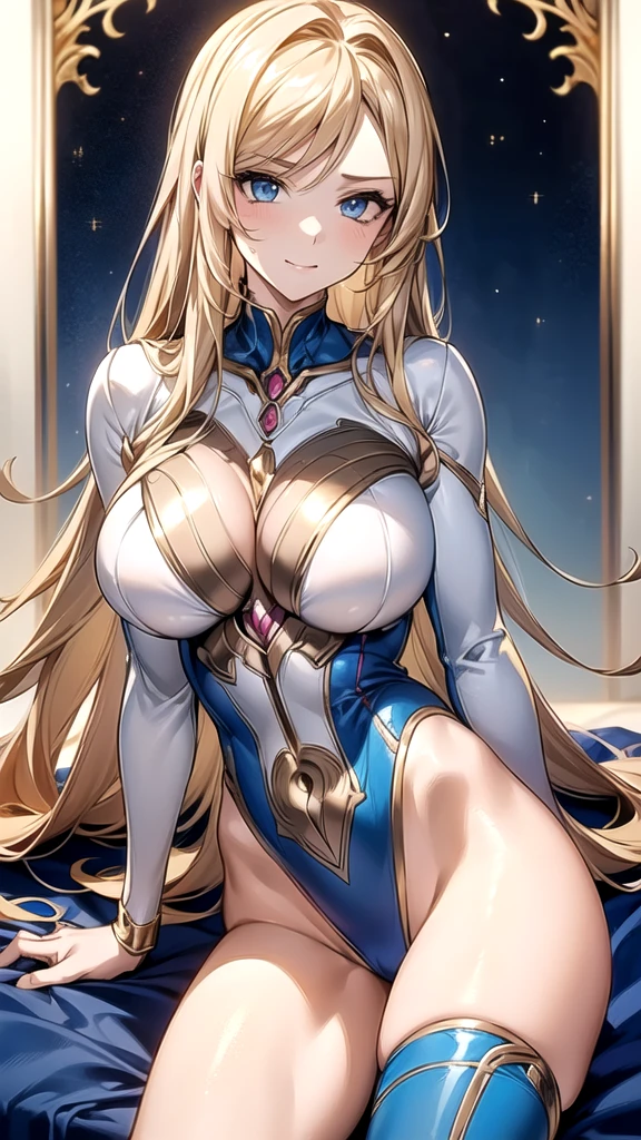 ((masterpiece)), ((high quality)), ((super detailed)), ((high resolution)), ((8k)), a beautiful woman, ((She is one of the most famous actress in Japan.)), unparalleled beauty, ((large breast:1.6)), ((large ass)), ((deep cleavage)), slim waist, chest out, ultra detailed face, perfect skin, (((waist length hair, ((long straight golden hair)), crossed bangs))), blue eyes, detailed eyes, whole body image, sexy, an inviting smile, sensual, (((anime))), ((glamorous)), sexual attraction ,23 years old, ((incredibly beautiful woman)), ((The H cup bust)), ((neat and clean.)) , (((Power Ranger))), heroine, (((high leg leotard power suit, white line on blue colored power suit:1.4, Reinforced power suit))), ((beautiful breasts)), beautiful legs, 8 life size, anime:1.4, wet, the most beautiful and strongest, ((charm)), ((british beauty)),