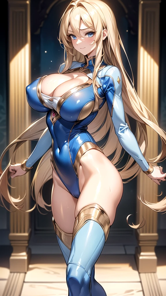 ((masterpiece)), ((high quality)), ((super detailed)), ((high resolution)), ((8k)), a beautiful woman, ((She is one of the most famous actress in Japan.)), unparalleled beauty, ((large breast:1.6)), ((large ass)), ((deep cleavage)), slim waist, chest out, ultra detailed face, perfect skin, (((waist length hair, ((long straight golden hair)), crossed bangs))), blue eyes, detailed eyes, whole body image, sexy, an inviting smile, sensual, (((anime))), ((glamorous)), sexual attraction ,23 years old, ((incredibly beautiful woman)), ((The H cup bust)), ((neat and clean.)) , (((Power Ranger))), heroine, (((high leg leotard power suit, white line on blue colored power suit:1.4, Reinforced power suit))), ((beautiful breasts)), beautiful legs, 8 life size, anime:1.4, wet, the most beautiful and strongest, ((charm)), ((british beauty)),