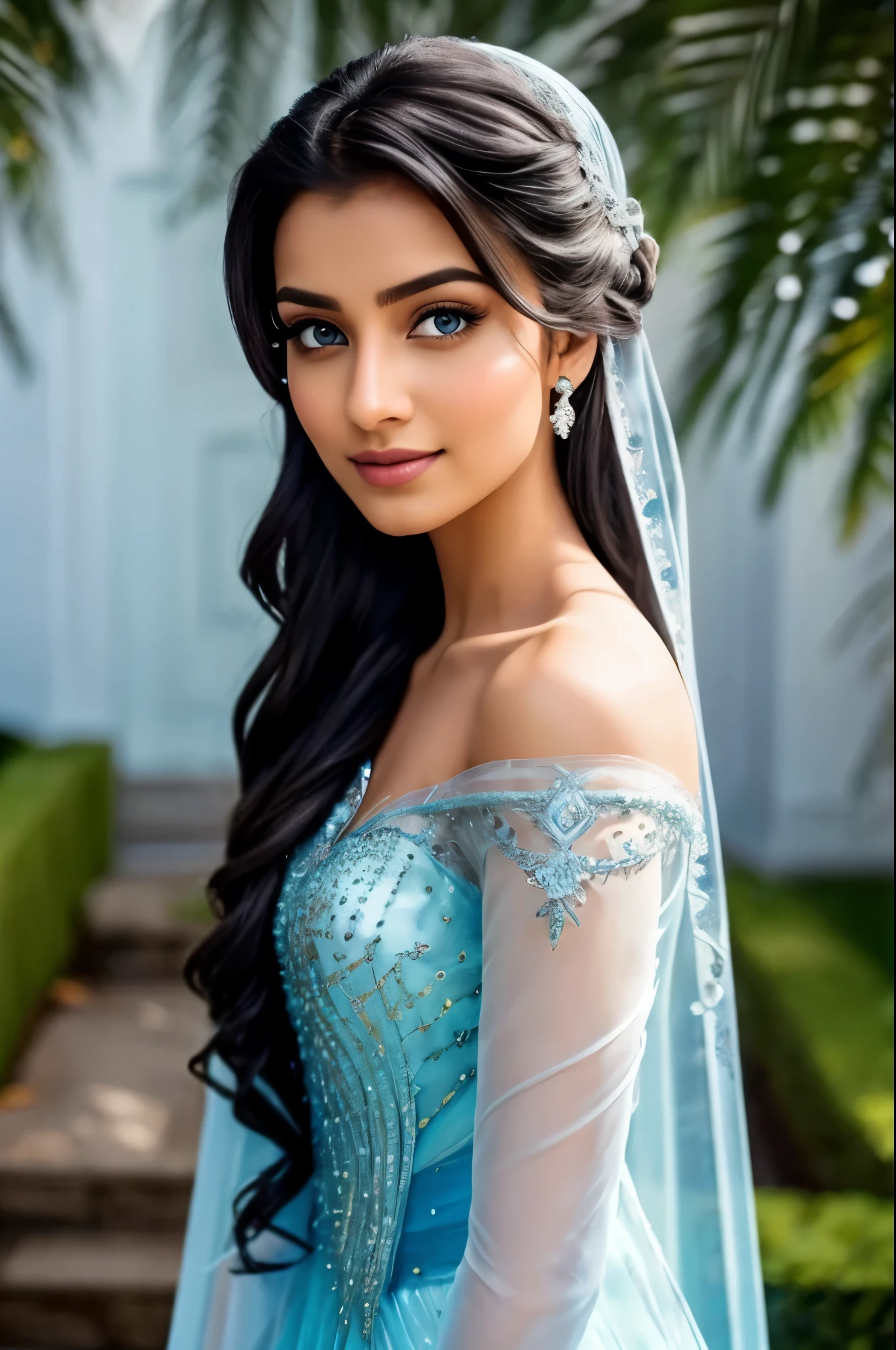 Elsa from Frozen, the dynamic and enchanting 23-year-old Indian girl, is depicted in magnificent detail. With her expressive eyes and radiant smile, she exudes an ethereal allure, captivating the viewer's imagination.
Elsa's intricately designed frozen dress cascades gracefully, shimmering in the ethereal, soft-focus light. The dress, with its delicate, well-defined stitching and luminous fabric texture, catches the eye, leaving one in awe of its beauty.
Her long, flowing dark hair is styled artfully, swaying gently as if swept by an invisible breeze. Flecks