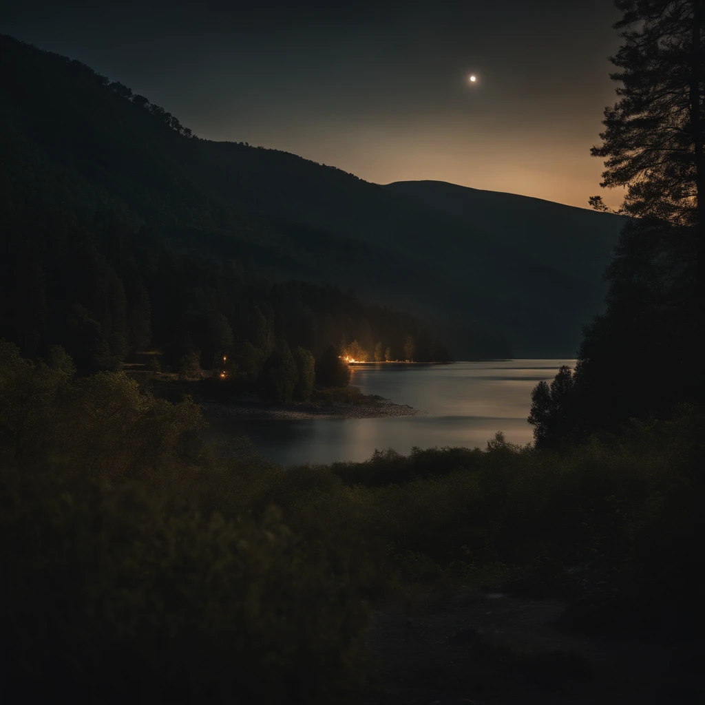 Coruja enorme, floresta ao fundo, montanhas, lago, noite, Lua, Lualight illumination, Grilos, vagalumes