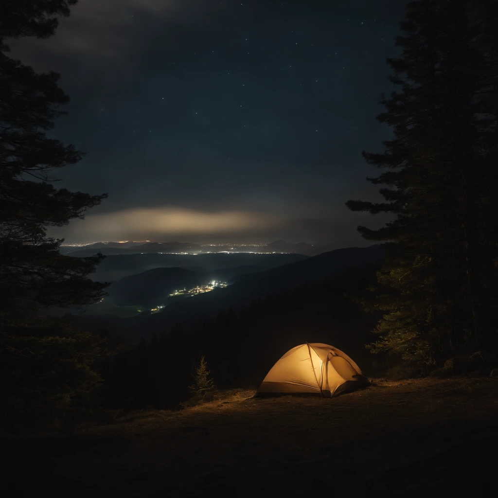 Coruja enorme, floresta ao fundo, montanhas, lago, noite, Lua, Lualight illumination, Grilos, vagalumes