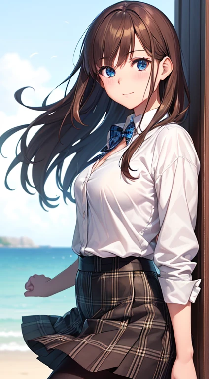 The blue plaid skirt was blown by the wind