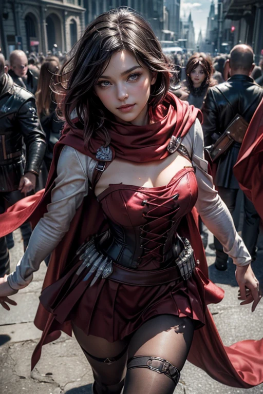 (masterpiece,stunning girlfriend, (standing:1.1), dynamic pose, heart shaped face, elegant face, beautiful face, highly detailed face, highly detailed skin, skin pores, subsurface scattering, realistic pupils, looking at viewer, full face blush, full lips, detailed background, depth of field, atmospheric perspective, volumetric lighting, sharp focus, absurdres, realistic proportions, good anatomy, (realistic, hyperrealistic:1.4), 16k hdr, (masterpiece, best quality), 1girl, ruby_rose, smile, cape, dress, red cape, crescent rose, boots, pantyhose, hood, petals, corset, standing in palace, suits of armor on display, crowds