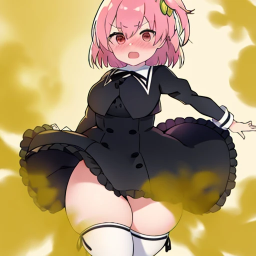 Highest image quality、(master piece:1.2)、detailed、Riri Ichiyanagi、1 girl、solo、pink hair、red eyes、fart、Are standing、a lot of gas、blush、black uniform、white inner、big breasts、Clover hair fastening、shy、loud fart sound、Feeling like diarrhea、Gas comes out of the butt、school classroom、open the thighs