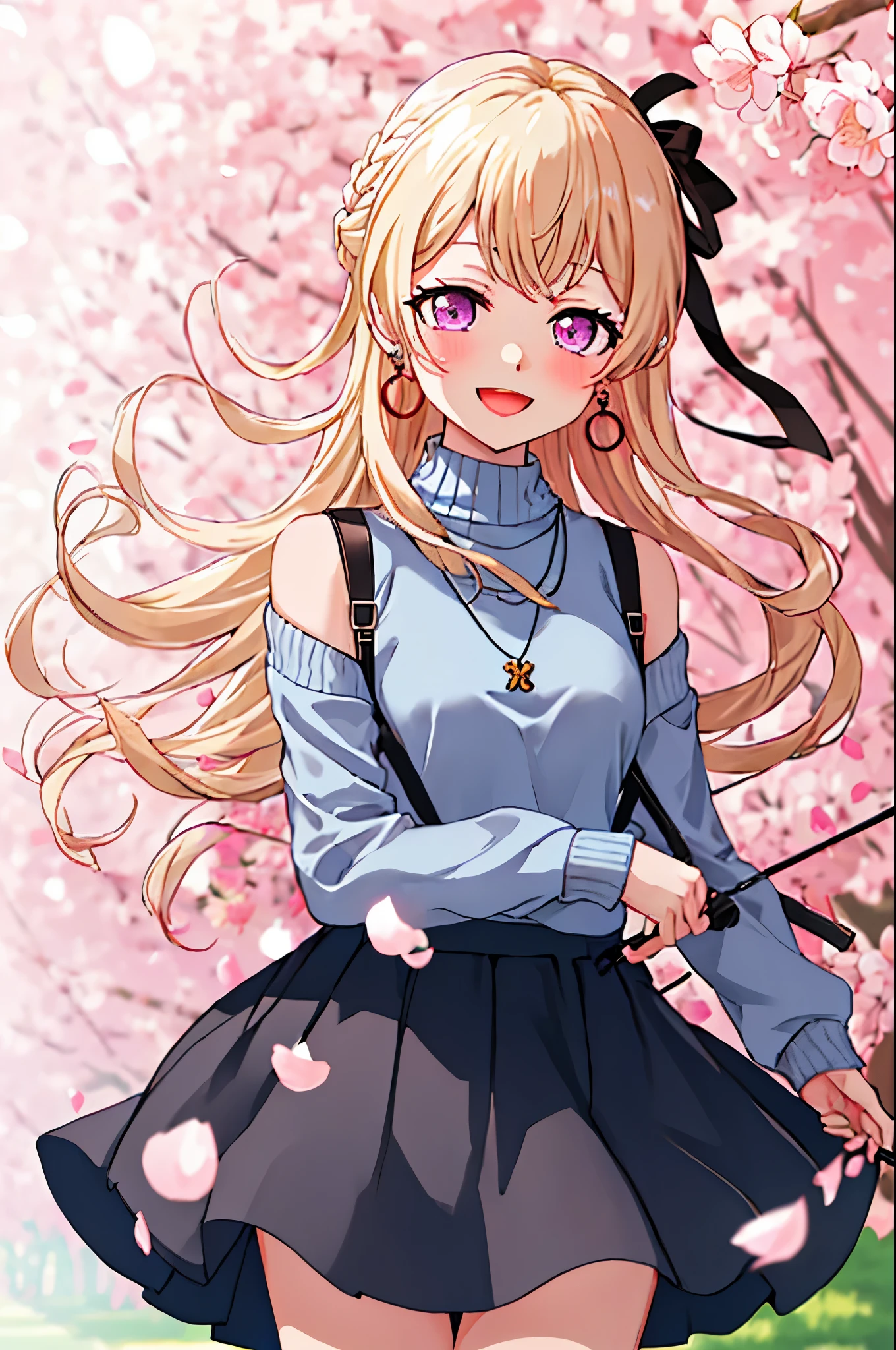 best quality, masterpiece, highres, solo, {shirasagi_chisato_bangdream:1.15}, blonde_hair, bangs, long_hair, purple_eyes, blush, smile, half_updo, ribbon, jewelry, 1girl, cherry_blossoms, looking_at_viewer, open_mouth, outdoors, :d, blue_shirt, day, long_sleeves, petals, shirt, blurry, flower, necklace, skirt, sweater, blue_sweater, pink_flower, pink_skirt, shoulder_cutout, suspenders, upper_body