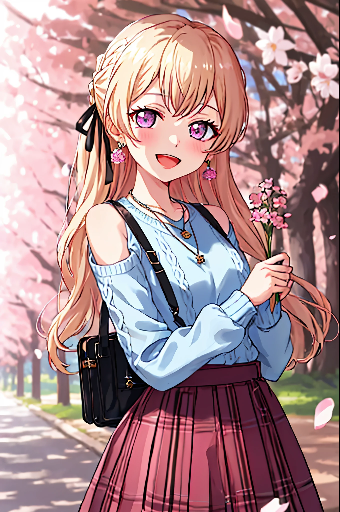 best quality, masterpiece, highres, solo, {shirasagi_chisato_bangdream:1.15}, blonde_hair, bangs, long_hair, purple_eyes, blush, smile, half_updo, ribbon, jewelry, 1girl, cherry_blossoms, looking_at_viewer, open_mouth, outdoors, :d, blue_shirt, day, long_sleeves, petals, shirt, blurry, flower, necklace, skirt, sweater, blue_sweater, pink_flower, pink_skirt, shoulder_cutout, suspenders, upper_body