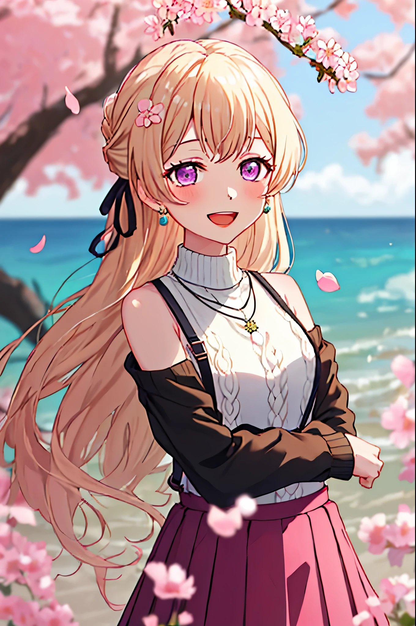 best quality, masterpiece, highres, solo, {shirasagi_chisato_bangdream:1.15}, blonde_hair, bangs, long_hair, purple_eyes, blush, smile, half_updo, ribbon, jewelry, 1girl, cherry_blossoms, looking_at_viewer, open_mouth, outdoors, :d, blue_shirt, day, long_sleeves, petals, shirt, blurry, flower, necklace, skirt, sweater, blue_sweater, pink_flower, pink_skirt, shoulder_cutout, suspenders, upper_body