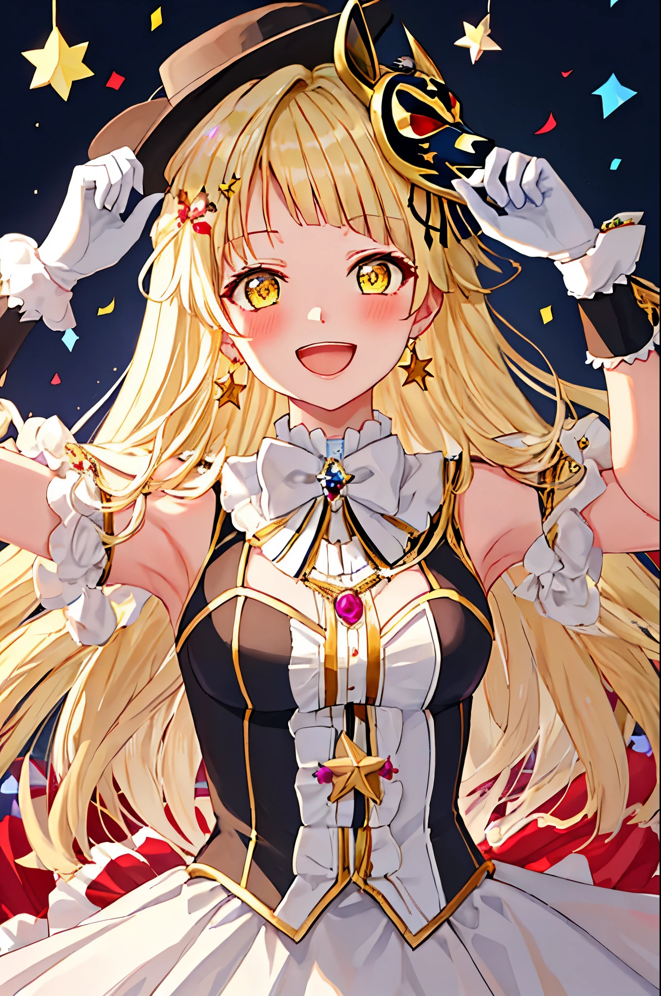 best quality, masterpiece, highres, solo, {tsurumaki_kokoro_bangdream:1.15}, blonde_hair, bangs, long_hair, yellow_eyes, smile, blush, open_mouth, :d, 1girl, gloves, looking_at_viewer, bow, jewelry, mask, white_gloves, earrings, frills, wrist_cuffs, black_bow, confetti, hair_bow, mask_on_head, upper_body, hat, sparkle, star_\(symbol\), fur_trim, hair_ornament, hands_on_own_cheeks, hands_on_own_face