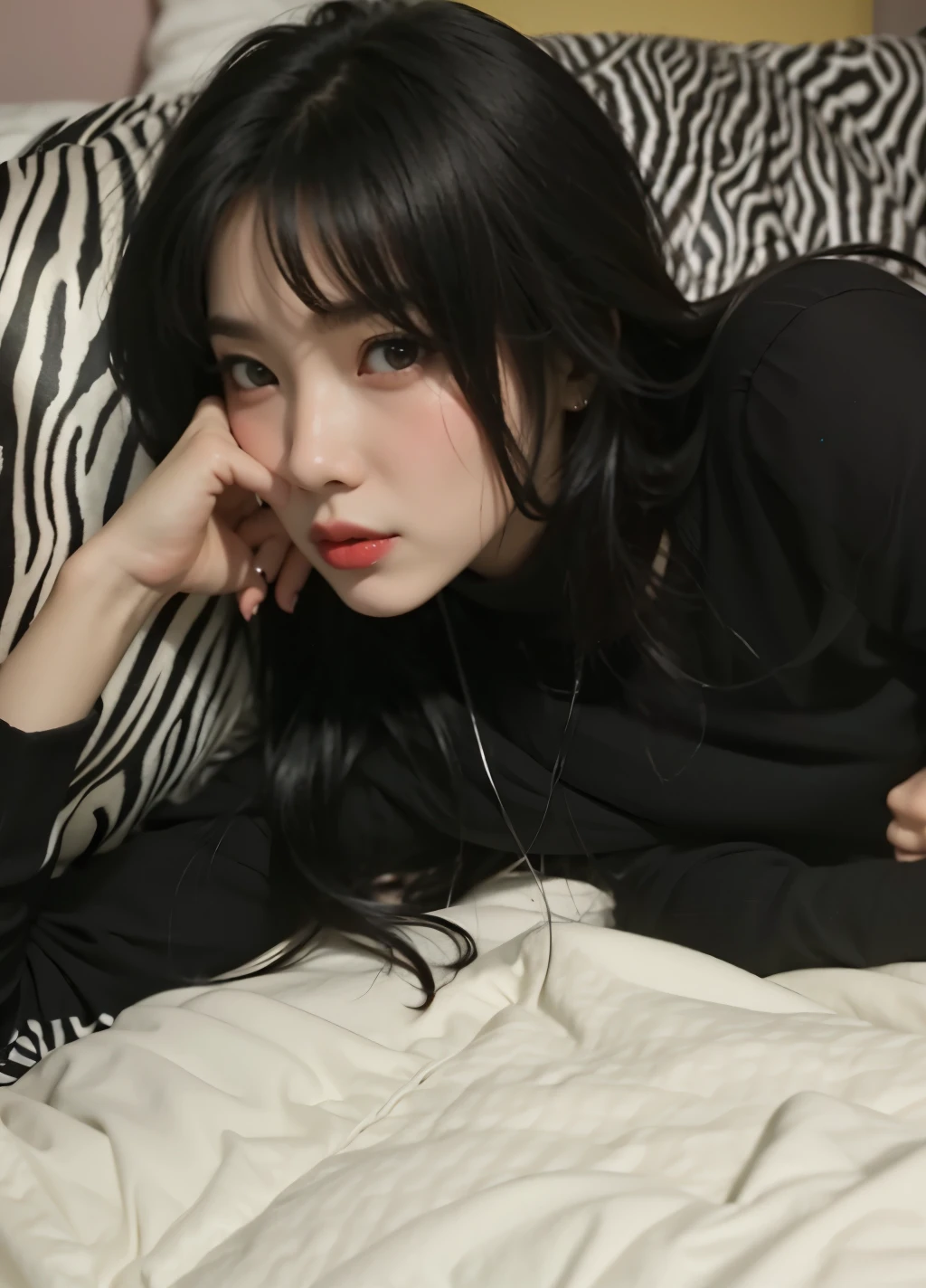 araffe woman laying on a bed with a zebra print blanket, bedroom eyes, posing in bed, she has black hair with bangs, pale fair skin!!, on my bed, with pale skin, laying back on the bed, on the bed, laying in bed, laying on a bed, pale skin and dark eyes, sitting on the bed, posing in a bedroom, joy red velvet