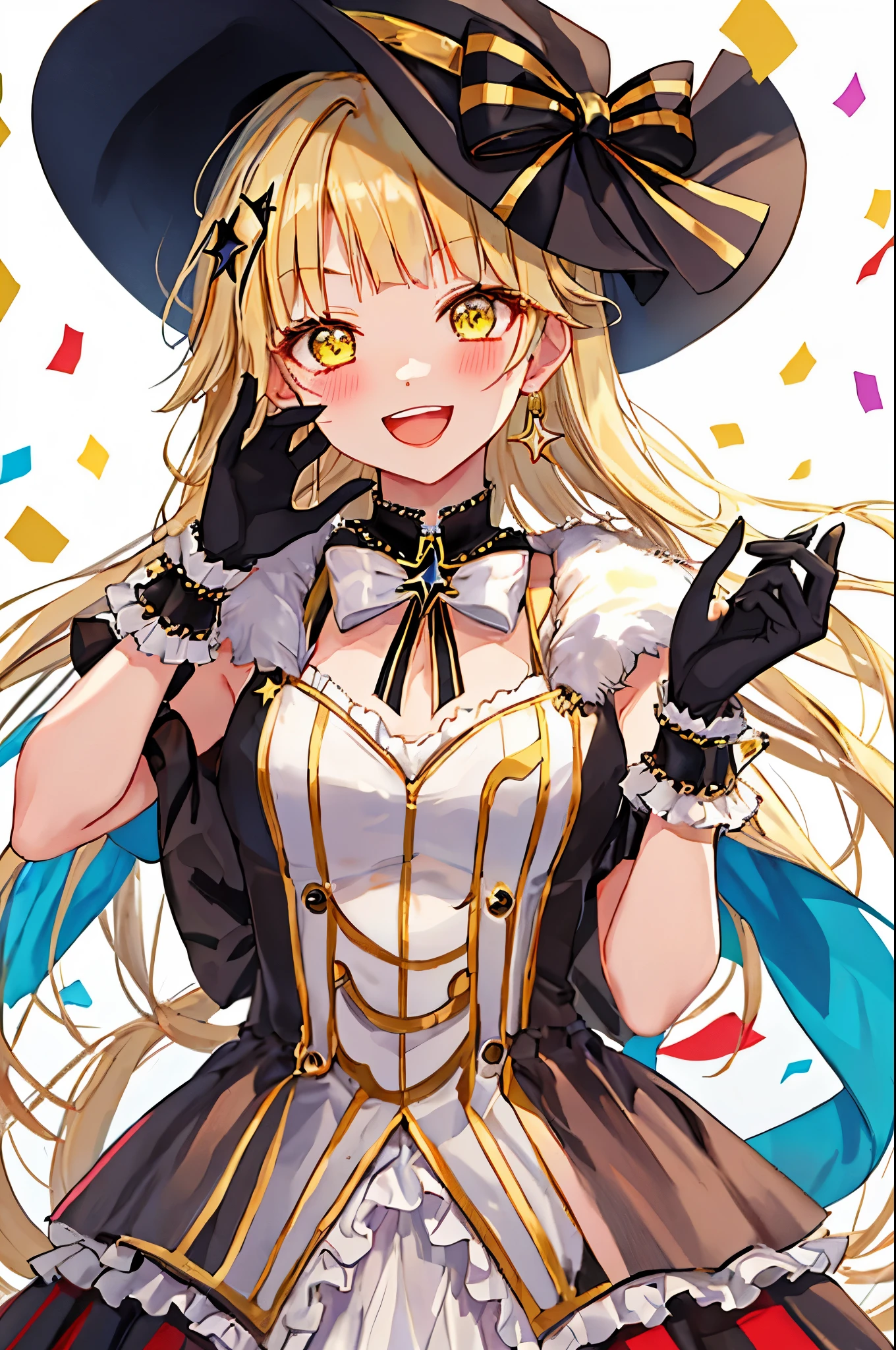 best quality, masterpiece, highres, solo, {tsurumaki_kokoro_bangdream:1.15}, blonde_hair, bangs, long_hair, yellow_eyes, smile, blush, open_mouth, :d, 1girl, gloves, looking_at_viewer, bow, jewelry, mask, white_gloves, earrings, frills, wrist_cuffs, black_bow, confetti, hair_bow, mask_on_head, upper_body, hat, sparkle, star_\(symbol\), fur_trim, hair_ornament, hands_on_own_cheeks, hands_on_own_face