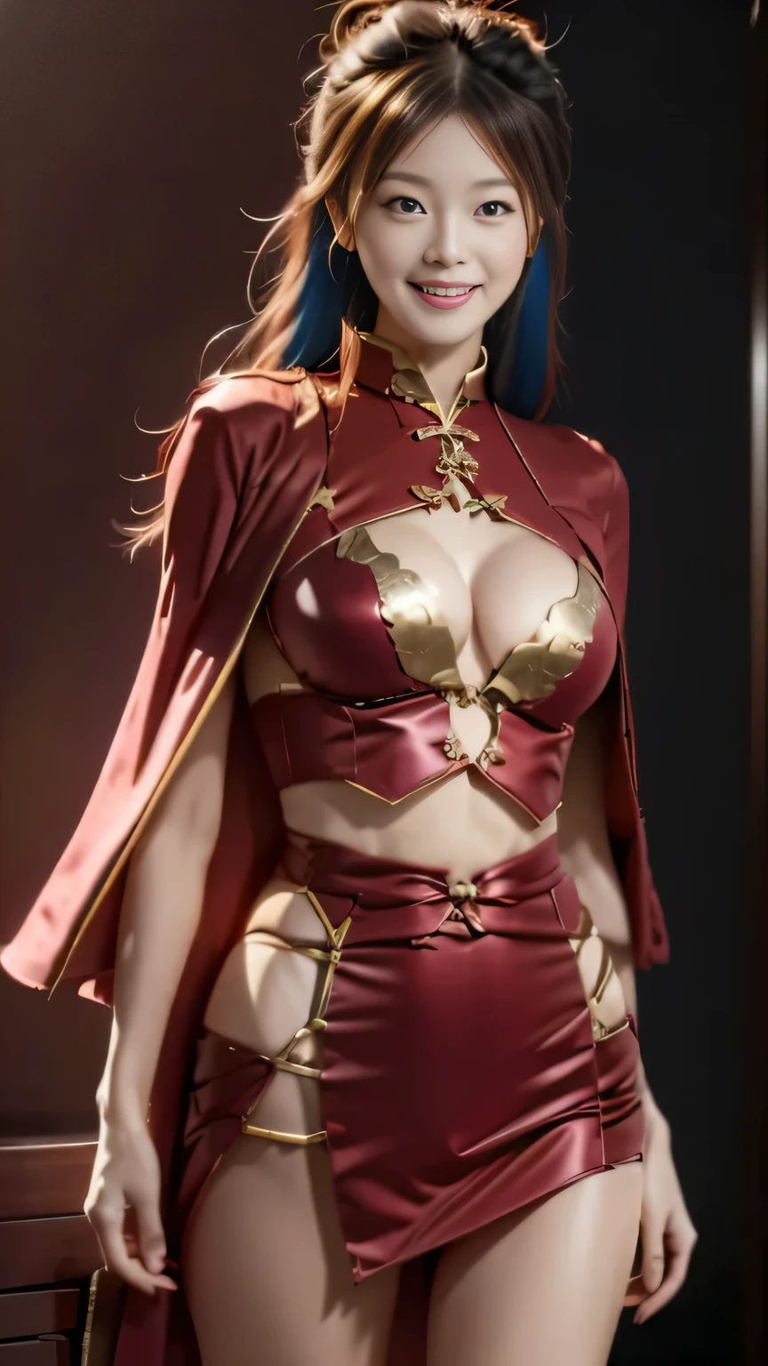 Chinese female general Hua Mulan,Saffron Hu suit lining,Detail the eyes,Crimson cape,Gold metal breastplate,golden helmet,battlefield background,majestic,Smile(open mouth)(The corners of the mouth are raised),Leather tunic,Knee armor,Half-length photo,red metal headband,light blue hair,Hair bun raised high。forest background