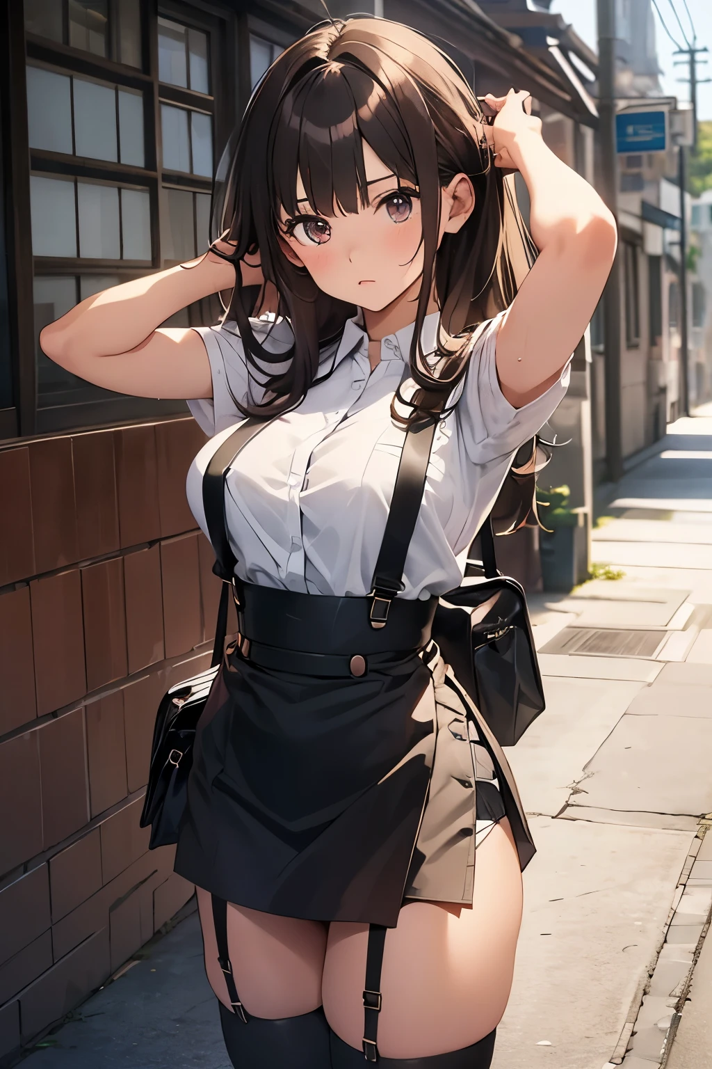 brown hair、looking at the viewer　　suspenders　　　Bulging big breasts　　 　 　　　　Black miniskirt　garter belt　knee high socks　　　　　　Gaze　　　small face　bangs 　　　　　Beauty　　hands up　　 　Gaze 　black boots 　provocation　　armpit sweat　one person 　　put your hands behind your back　cutter shirt　　Panty shot