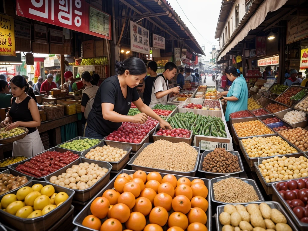 (highres,photorealistic)landscape photo of traditional market in Jakarta, Indonesia,[rack of selling items,abundance of merchandise crowded with various goods,Colorful array of products,sellers arranging their items in an organized manner],buyers passing by in a hurry, people engage in traditional trading, traditional way of exchanging goods, cinematic scene with vibrant energy, immersive photo-realistic representation of the market, 3D render capturing the essence of the bustling market.