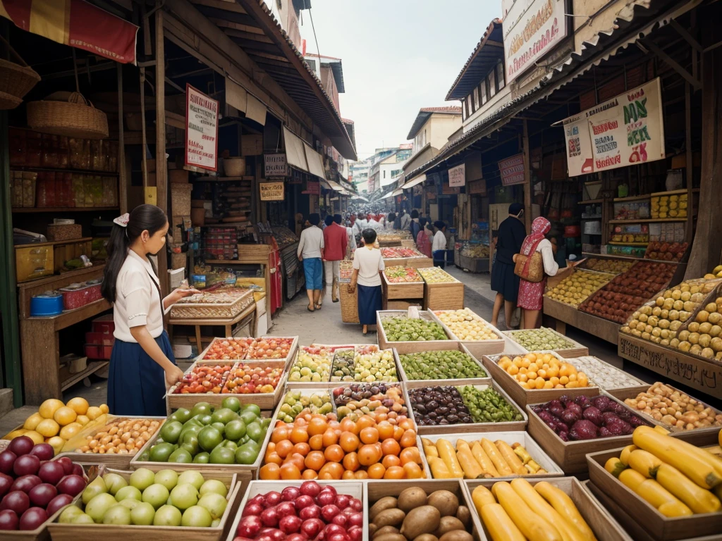 (highres,photorealistic)landscape photo of traditional market in Jakarta, Indonesia,[rack of selling items,abundance of merchandise crowded with various goods,Colorful array of products,sellers arranging their items in an organized manner],buyers passing by in a hurry, people engage in traditional trading, traditional way of exchanging goods, cinematic scene with vibrant energy, immersive photo-realistic representation of the market, 3D render capturing the essence of the bustling market.