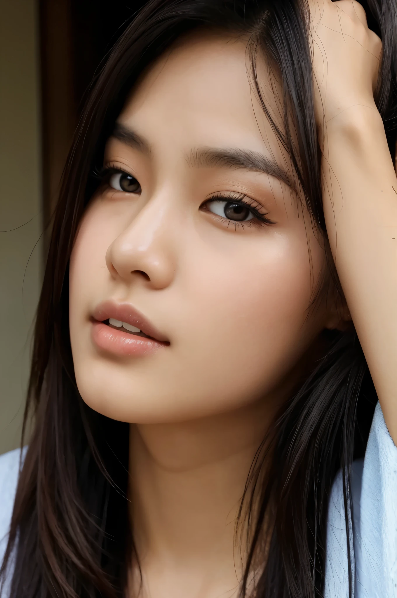 Asian girl face, 20 year olds, black hair, beautiful eyes, skin texture, 