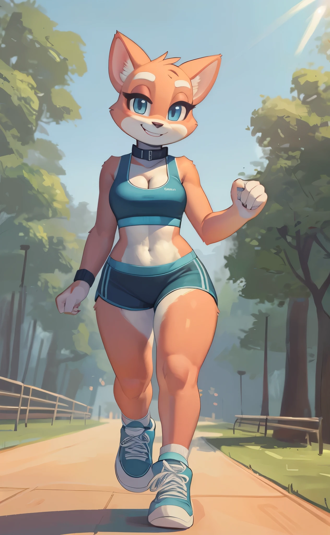 [Shima Luan], [planet dolan], [Uploaded to e621.net; (wamudraws), (Pixelsketcher)], [Uploaded to twitter.com: (@senip)], ((masterpiece)), ((HD)), ((high res)), ((solo portrait)), ((full body)), ((front view)), ((feet visible)), ((furry; anthro)), ((detailed fur)), ((detailed shading)), ((beautiful render art)), {female anthro cat; (pink fur), (white fur on hands), (cute light-blue eyes), (long eyelashes), (white eyebrows), (sharp white claws), (curvy hips), (beautiful legs), (cute smile)}, {(aqua-green sports bra), (cleavage), (black yoga shorts), (black collar), (aqua-green sneakers)}, {(jogging), (looking at viewer)}, [background; (park), (grass), (blue sky), (sun rays), (ambient lighting)]

