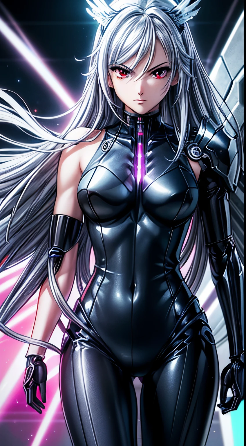 top-quality、masterpiece、超A high resolution、(Photorealsitic:1.4)、1人、silver hair、Straight hair, shiny and clean hair、White shiny skin、Sexy Cyberpunk Girl、((super realistic details))、Shadow、octan render、ultrasharp、hyperdetailed face、Fiberglass、Luminous tube、highly intricate detail、Realistic light、CGSoation Trends、(red eyes with slit pupils)、(Facing the camera)、neon details、Mechanical limbs、Mechanical vertebrae attached to the back、mechanical cervical attaching to neck、Wires and cables connecting to the head、((valkyrie))、((Beam Cannon))、Combat stance、((seductive pose:1.2))、full body、glaring、