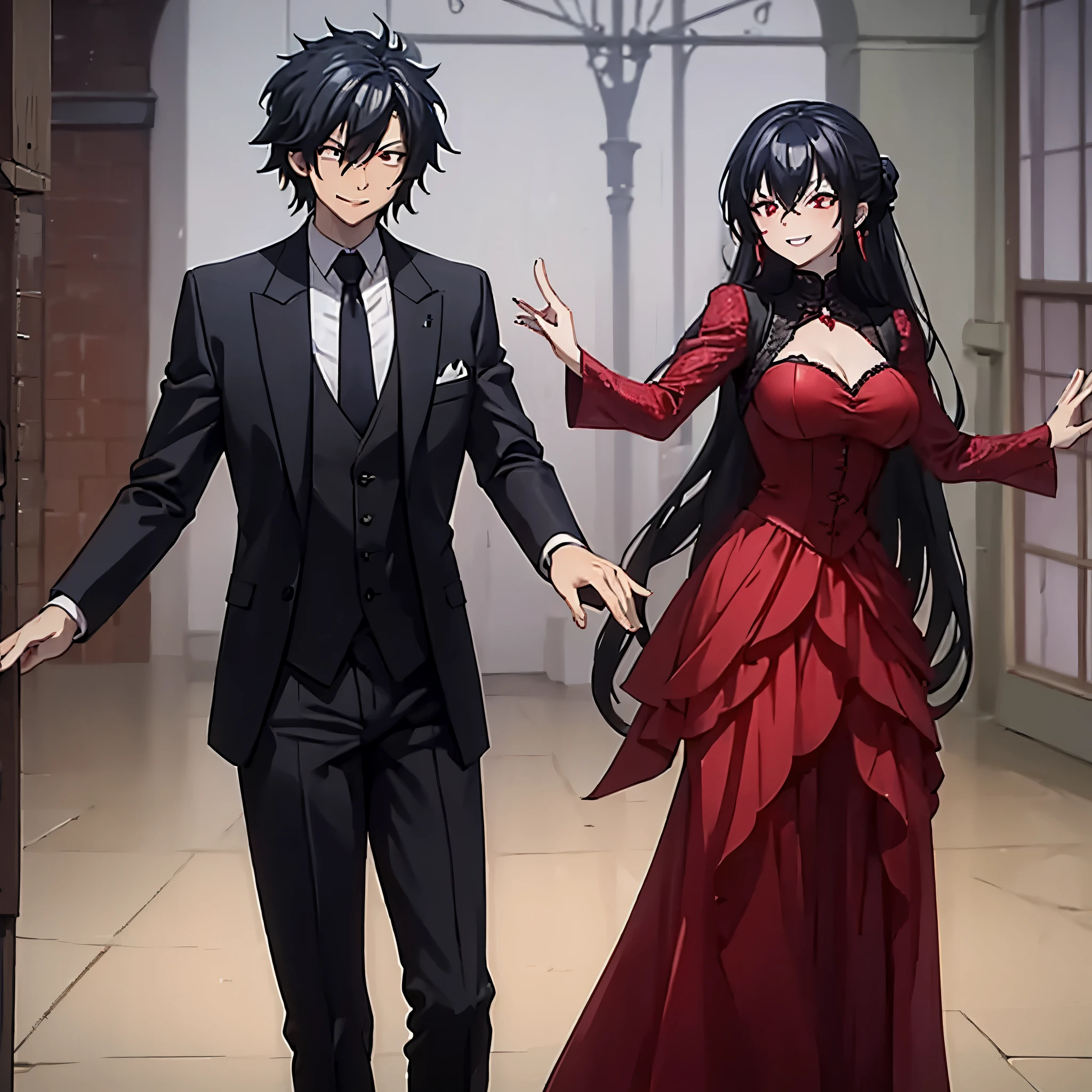 a man in a black suit dancing tango with a woman (red eye) in a red suit, smiling, in a dance hall.