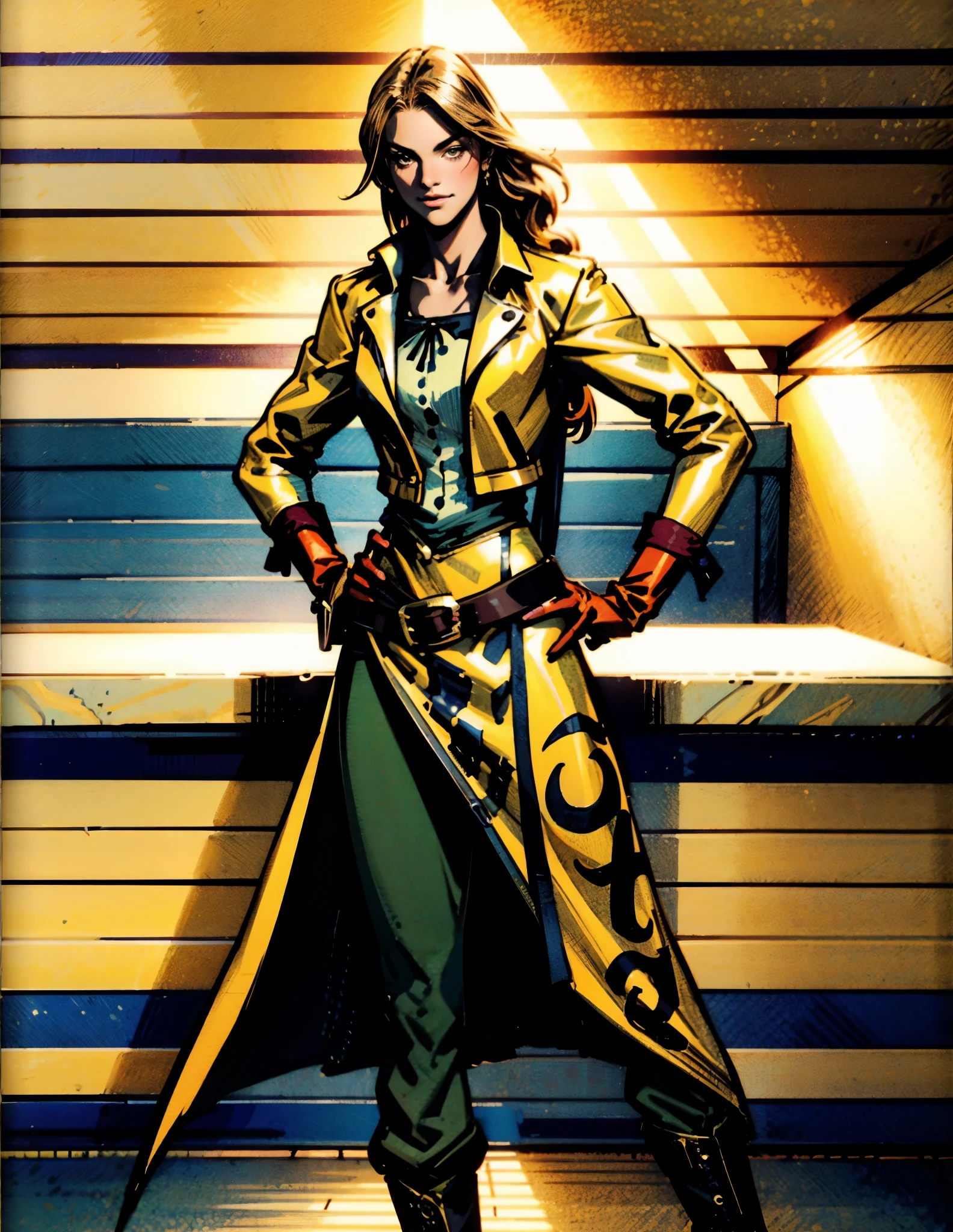 A beautiful woman with flowing orange long hair, exquisite facial features, a playful smile, confident eyes, a tall figure, a two-piece fantasy-style pirate robe coat, yellow as the main color, complemented by red accents, long wrist guard gloves on her hands, a gold belt around her waist with a short hem, leather pants, knee-high boots, standing with her hands on her hips in front of a fantasy medieval-style port tavern, this character embodies a finely crafted fantasy-style female pirate in anime style, exquisite and mature manga art style, high definition, best quality, highres, ultra-detailed, ultra-fine painting, extremely delicate, professional, anatomically correct, symmetrical face, extremely detailed eyes and face, high quality eyes, creativity, RAW photo, UHD, 8k, Natural light, cinematic lighting, masterpiece-anatomy-perfect, masterpiece:1.5