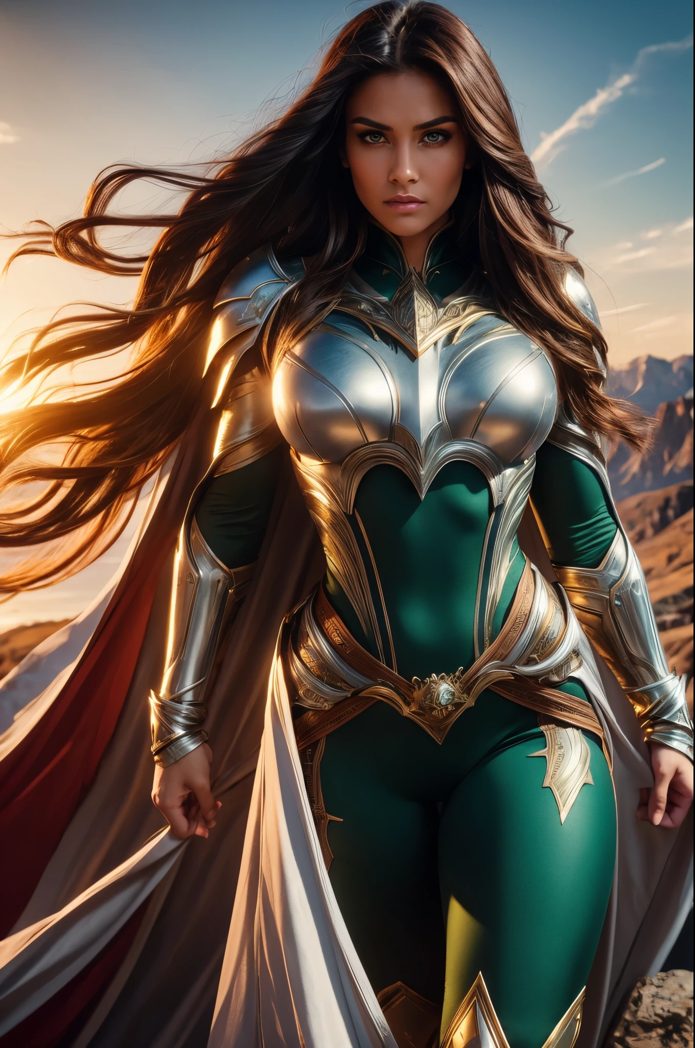 MITHOLOGICAL POWERFUL WOMAN, HUGE LONG BROWN HAIR, TUNNING SKIN, LIGHT GREEN EYES, HIGH CHEEKBONES, SLIM NOSE, GORGEOUS MOUTH, ANGRY FACE EXPRESSION, LOOKING AT CAMETA, LONG GREEN TIGHT BODYSUIT, SILVER DETAILS, HUGE LONG SILVER CAPE, HUGE GOLD GAUNTLETS, ATHLETIC BODY, MUSCLES, STRONG THIGS, THICK THIGHS, FULL BODY PERSPECTIVE, TOP OF A HIGH ROCKY MOUNTAIN, SUNSET, BLUE SKY, MASTERPIECE, ACCURATE IMAGE.