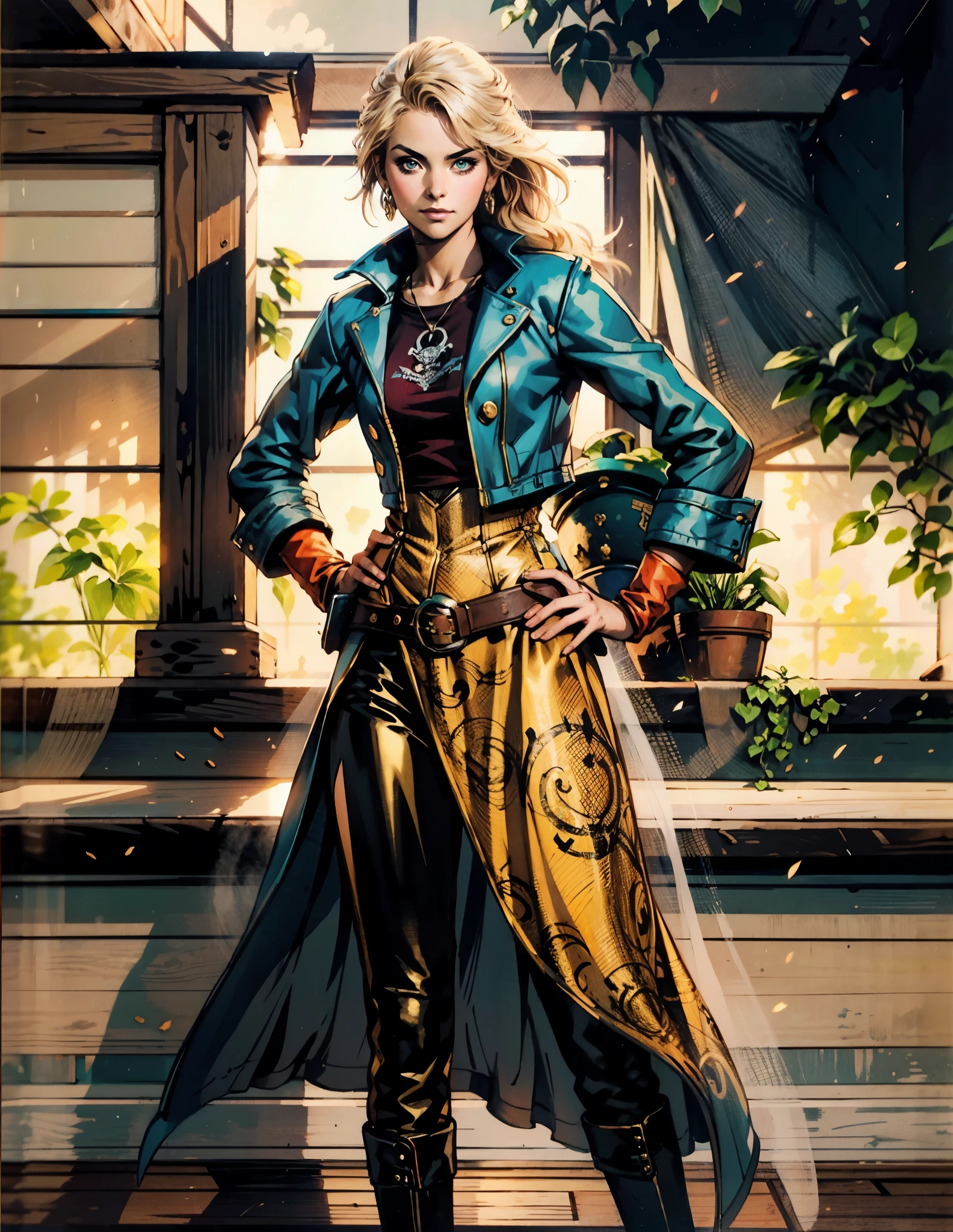 A beautiful woman with flowing orange long hair, exquisite facial features, a playful smile, confident eyes, a tall figure, a two-piece fantasy-style pirate robe coat, yellow as the main color, complemented by red accents, long wrist guard gloves on her hands, a gold belt around her waist with a short hem, leather pants, knee-high boots, standing with her hands on her hips in front of a fantasy medieval-style port tavern, this character embodies a finely crafted fantasy-style female pirate in anime style, exquisite and mature manga art style, high definition, best quality, highres, ultra-detailed, ultra-fine painting, extremely delicate, professional, anatomically correct, symmetrical face, extremely detailed eyes and face, high quality eyes, creativity, RAW photo, UHD, 8k, Natural light, cinematic lighting, masterpiece-anatomy-perfect, masterpiece:1.5