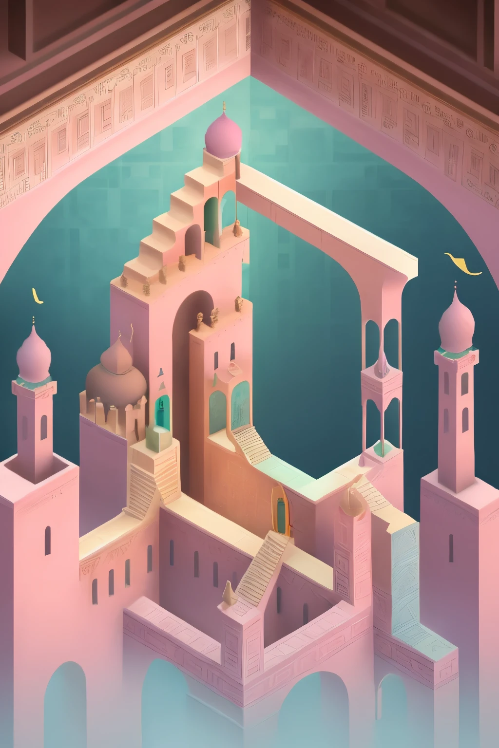 tmasterpiece，monument valley，geomerty,
monument valley,illustration,Paradox geometry,
tile,Brown tiles,Building,Dome,Onion dome,Brown onion dome,
water,stairways,Buttress,arch bridges,Light brown background,Door,Pink walls