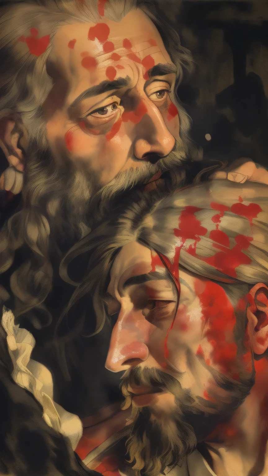 Illustration of a man with a beard and bloody face, making: Alexander Vihari, Thomas Akins and Beksinski, Surrealist Vrubel, Ilya Repin과 안드레이 타르코프스키, Greg Rutkowski(Greg Rutkowski)와 Ilya Repin(Ilya Repin), Rutkowski and Caravaggio, Pavel Chelichu, Ilya Repin, Rudolf Koller