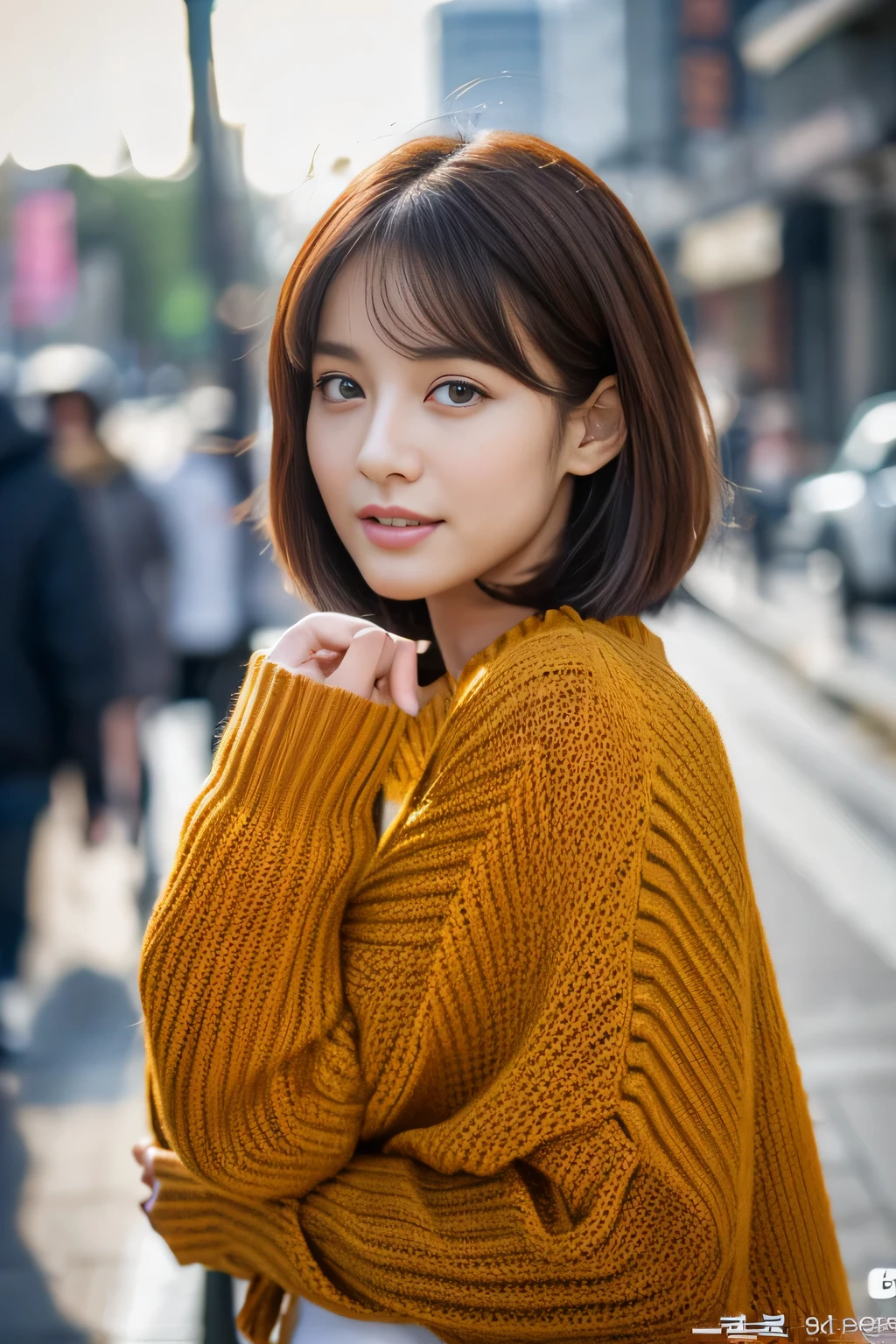 ((highest quality、In 8K、masterpiece:1.3))、sharp focus:1.2、Beautiful woman perfect body:1.4、slim abs:1.2、((Bob Heyer、straight hair:1.2))、(Dark Orange Knitwear、denim:1.1)、(rain、street:1.2)、wet body:1.5、Three-dimensional texture、fine eyes、brown hair、Very shiny hair、Rear view、Hair quality improvement、Korean style hair