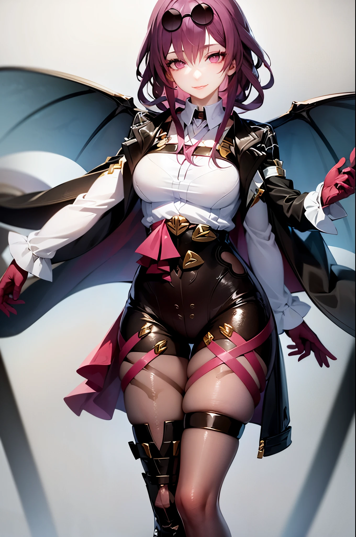 from top. masterpiece. highly detailed, uhd, 4k, render. shiny skin. cinematic lighting. 35 mm, dynamic lighting, facial makeup,adorable,Moe girl,colorful makeup,trinkets, (black hair), (blue eyes),succubus, Hairstyle with two pigtails, (((standing pose facing the observer))) , (very tiny horns), scared facial expression, sexy outfit, bdsm, bdsm outfit, small elf ears, pale skin, ((full shot)), (frontal shot), monochrome background, bedroom, better framing, ((nude)), (huge hips), (large hips:1.8), (Fukurettsura:1.5). BREAK. Luscia is a young succubus who has just been born, she knows nothing about the succubus world.