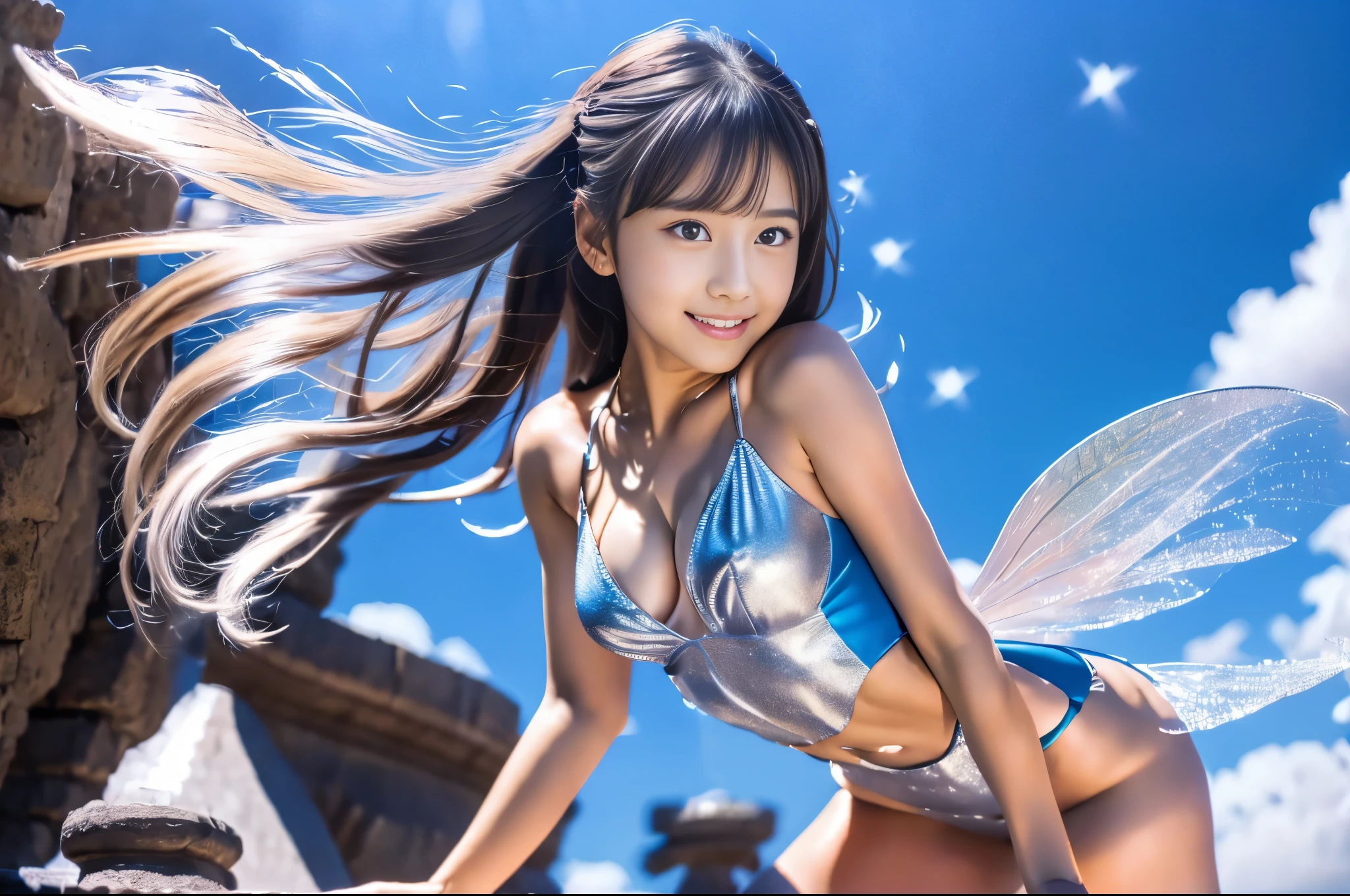 (8K、Live shooting、realistic:1.25)、1 girl、Tinkerbell looks like a 20 year old girl with a beautiful face、on top of an old castle、The moon is out、(silver hair、dance in the air:1.1)、fairy wings are transparent、whole body、luminous bikini swimsuit、lip gloss、Glossy skin、highest quality、ultra high resolution、
