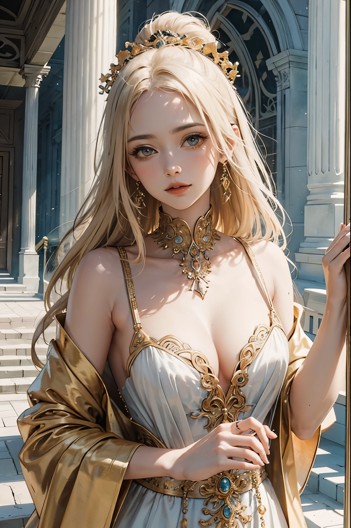Ancient girl, exquisitely depicted, timeless beauty, official art, intricately detailed, prominently featured, ethereal aura, reminiscent of ancient civilizations, harmonious composition, delicate features, elongated neckline, flowing robes, ancient symbols adorned, golden hues, faded yet vibrant colors, worn with grace, majestic presence, expressive eyes, deeply textured, evoking a sense of history, soulful and enchanting.