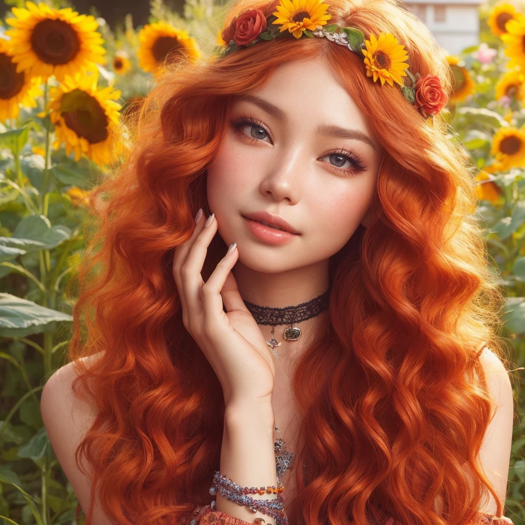 a girl with beautiful detailed eyes, long eyelashes, and a charming smile, in a vibrant and colorful garden, enjoying the blooming flowers and lush green, Inspired by Chaeyoung from Twice