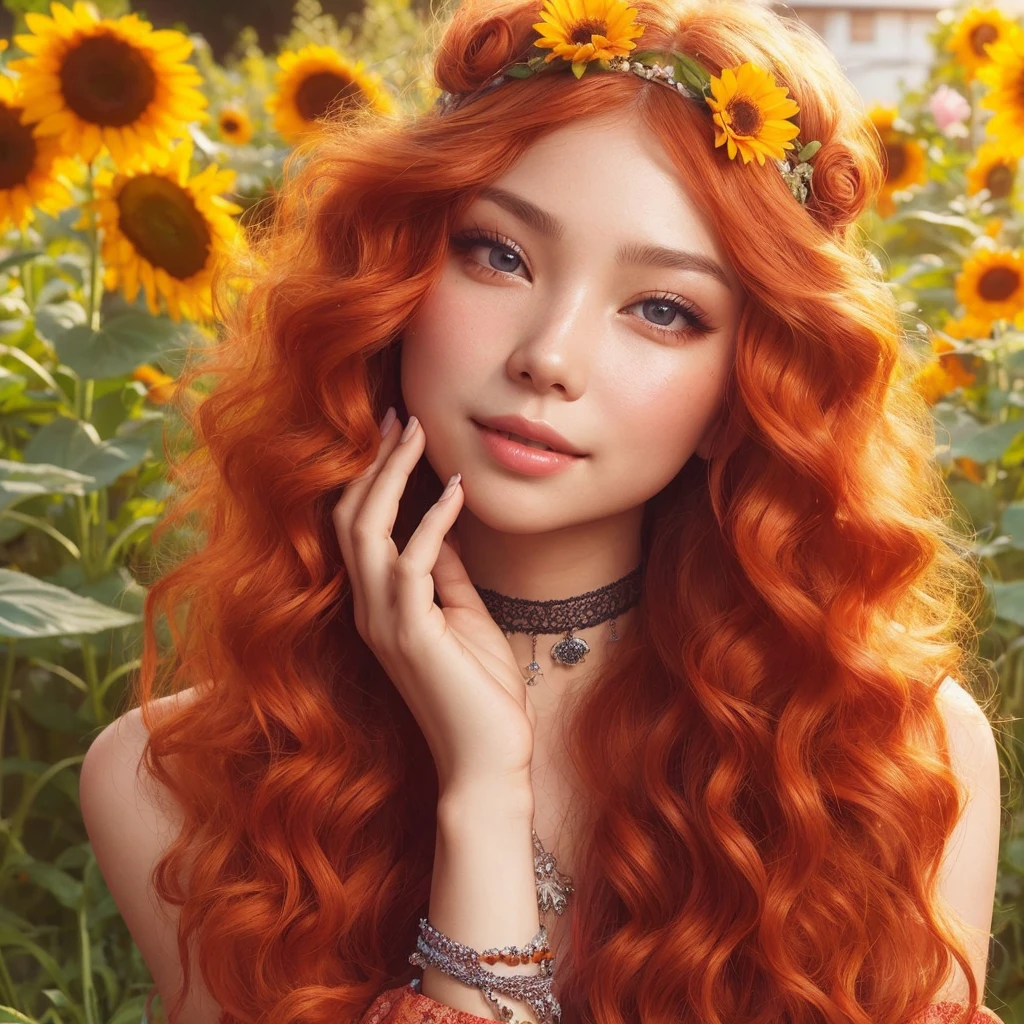 a girl with beautiful detailed eyes, long eyelashes, and a charming smile, in a vibrant and colorful garden, enjoying the blooming flowers and lush green, Inspired by Chaeyoung from Twice 