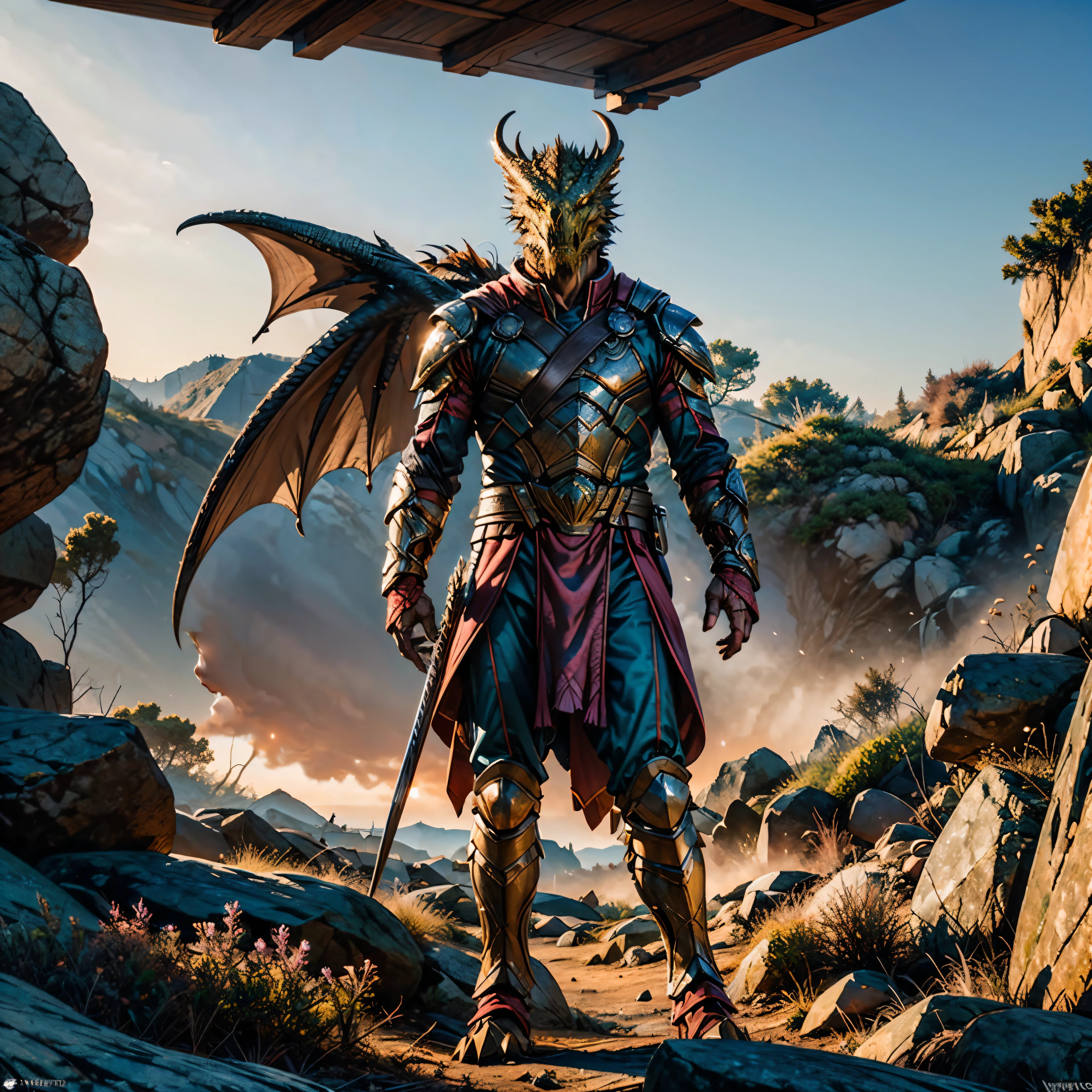 (Galaxy stars Nebula Spacious Sunrise evening_glow distant_view Sunset rich_colors colorful wide-angle_lens shooting_evening positive_film naturalistic_style) Create a digital art masterpiece depicting a fearless and battle-worn dragon slayer standing defiantly before an imposing, fire-breathing dragon. The dragon slayer should exude confidence, wielding a legendary weapon with intricate details and adorned in battle-scarred armor. The dragon should be a formidable force, its scales reflecting the glow of its fiery breath. Set the scene against a dramatic backdrop that captures the intensity of this showdown between the last of the dragon slayers and the majestic beast, showcasing the clash of two legendary forces in an epic fantasy world. Will-o'-the-wisp dazzling Symmetrical optimal bright_color dappled_sunLight meticulously intricate ultra_high-details ultra_high-res hyper pro-Photo-realistic ultra_high-quality ultra_high-def UHD XT3 DSLR HDR extreme improved Octane-rendered opengl-shaders glsl-shader romm rgb pbr shading 3DCG fxaa global illumination cgi vfx sfx fkaa txaa rtx ssao post-processing post-production cell-shading tone-mapping Ultra_sharpness focus accurate max saturate reflex analogique Vivid DSLR color-coded luminescence volumetric Cinematic_Sunrise lightning contrast incandescent Cristallines floraison zentangle fleuraison varied multi etc. --v 6 --s 1000 --c 20 --q 20 --chaos 100