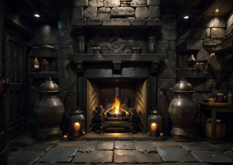 Incredible black luxury futuristic interior, Chinese style, Guding, Qin Wen, Rustic stone wall slate, Stone pillar carvings with Qin characters, Inside the cave, Ancient buildings, No modern design elements, secret room, Add fantasy elements, Three-legged pill furnace, Dan furnace flame, A pile of neat jade bottles are placed on the Qin case, Smoke rises from the alchemy furnace, Classicism, anime style, god rays, super detail, high details, high quality, highres, best quality