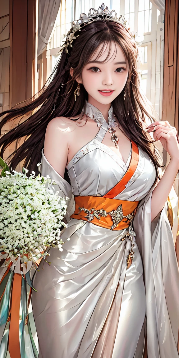 A PAINTING OF A CLOSE UP OF BEAUTIFUL LAUGHING FACE OF KOREAN TEENAGE GIRL WEARING LUXURY คนพาสเทลE DRESS WITH PASTE ORANGE GYPSOPHILA CROWN FLOWERS ON HER HEAD, รูปแบบการหมุนวน, HOLDING คนพาสเทลE FLOWERS BOUQUET IN HER HAND, ผลงานชิ้นเอก, ภาพวาดหมึกแอลกอฮอล์, THICK ทอง BOUNDARIES AROUND THE INK, สร้างคอนทราสต์ระหว่างสี, สถานีศิลปะ, สวยงามมาก, คนพาสเทล, ทอง, และเต็มไปด้วยสีสันที่มีชีวิตชีวา